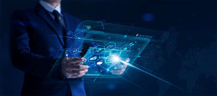 Businessman holding modern virtual interface banking in hand with icon network connection, shopping and mobile payment online