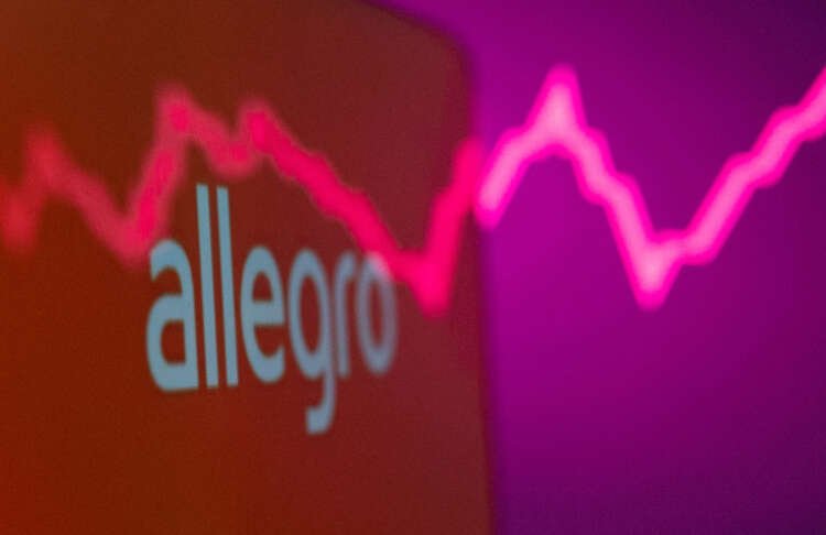 Allegro logo displayed on a smartphone with stock graph - Global Banking & Finance Review