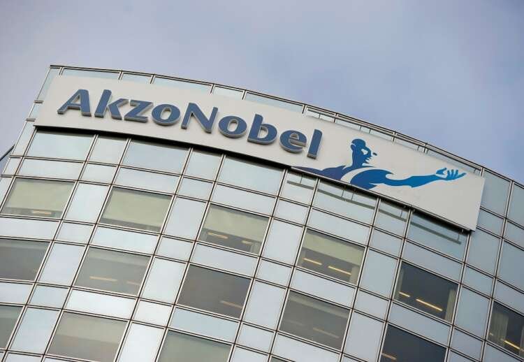 Akzo Nobel logo at Amsterdam headquarters reflecting raw material cost trends - Global Banking & Finance Review