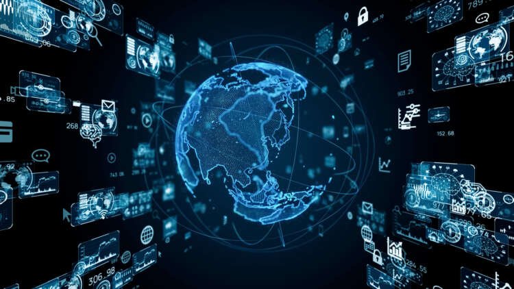 Global communication network concept. Planet earth in cyberspace. 3D rendering.