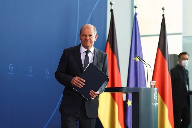 German Chancellor Scholz makes a statement after talks with European leaders and U.S. President Biden, in Berlin