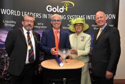 (from left to right): The Mayor of Guildford, Councillor David Elms; Tom Higgins, CEO of Gold-i; Lord-Lieutenant of Surrey, Dame Sarah Goad; and the Deputy Lord-Lieutenant, Brigadier Roger Hood