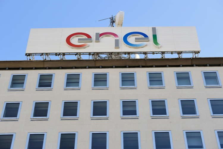 FILE PHOTO: A logo of Italian multinational energy company Enel is seen in Milan