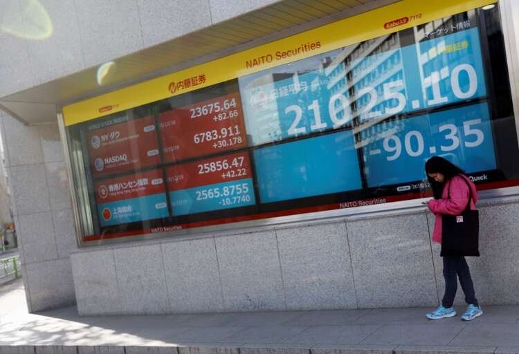 A woman stands in front of a screen displaying Japan’s Nikkei share average, U.S. and other countries’ stock market indicators outside a brokerage in Tokyo