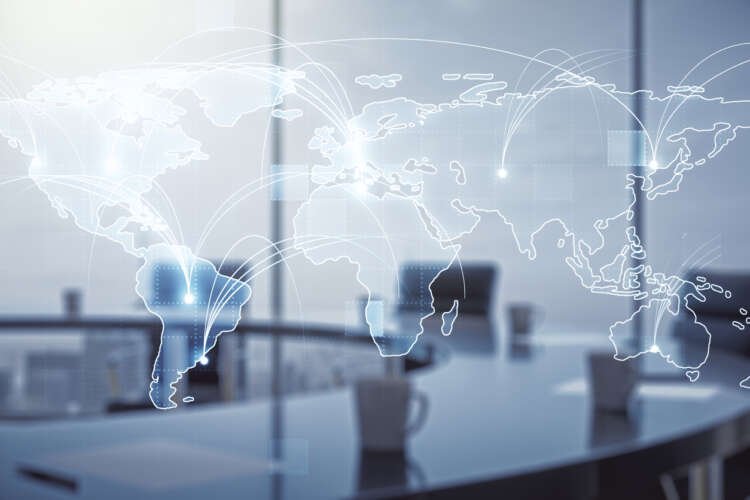 Abstract graphic of a digital world map highlighting globalization in banking - Global Banking & Finance Review