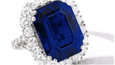 And this 27.68-carat Kashmir sapphire and diamond ring, The Jewel of Kashmir, sold for $6.7m at Sotheby’s. And this 27.68-carat Kashmir sapphire and diamond ring, The Jewel of Kashmir, sold for $6.7m at Sotheby’s.