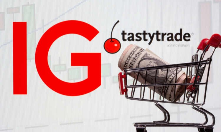 Shopping cart with U.S. dollar bills in front of IG Group and Tastytrade logos - Global Banking & Finance Review