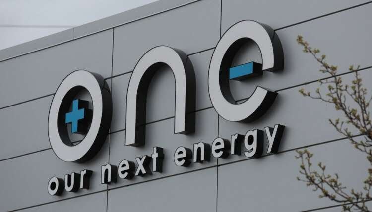The logo for Our Next Energy is seen outside the company’s headquarters in Novi