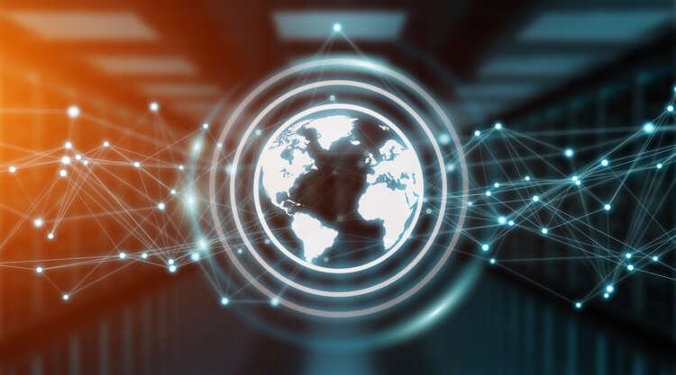 Connections system on world icon on server background 3D rendering