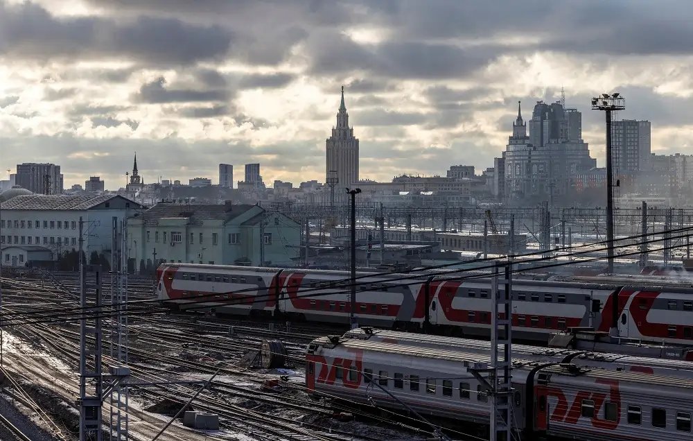Russian Railways logo with cargo trains, highlighting interest costs and economic challenges - Global Banking & Finance Review