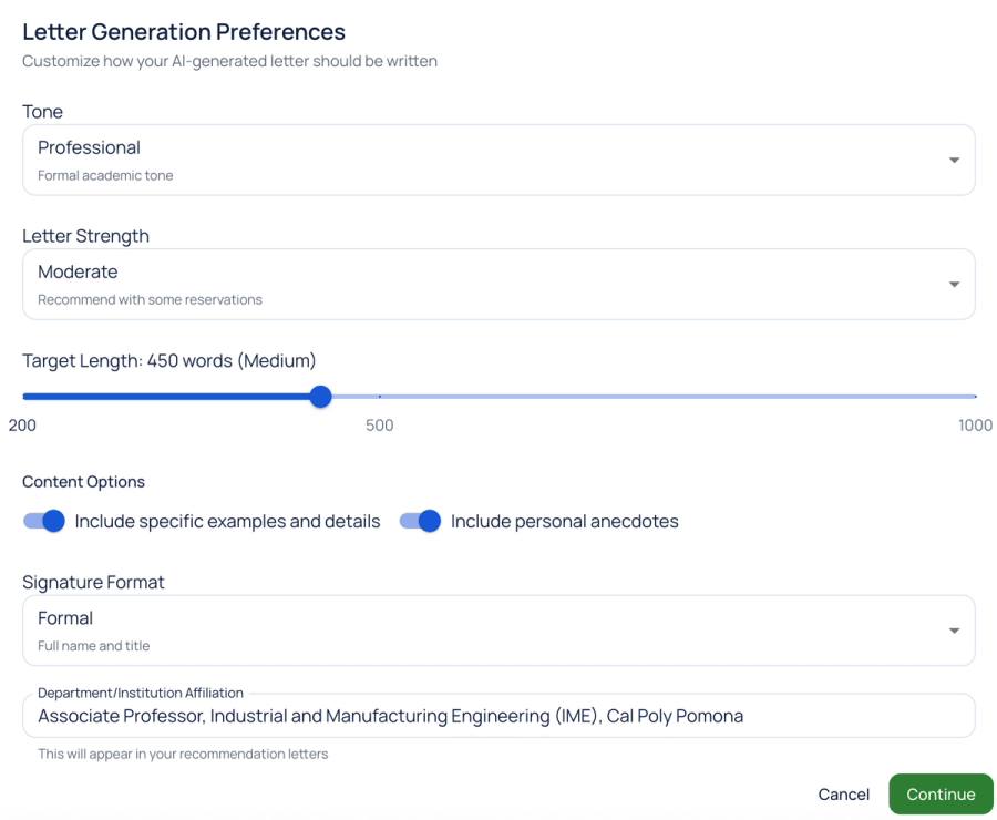 RecomAid's Professor-controlled letter generation: After reviewing the student’s structured experiences and adding contextual feedback, the professor configures the letter’s tone, recommendation strength, length, supporting examples, and signature preferences before generating an editable draft.
