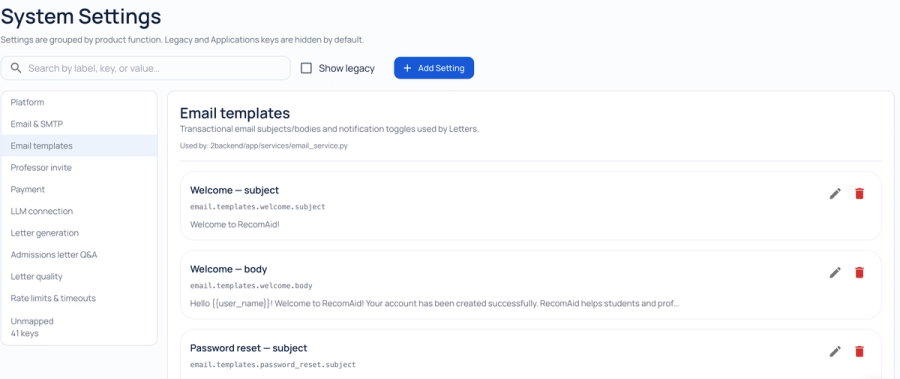 RecomAid's Governed system configuration
