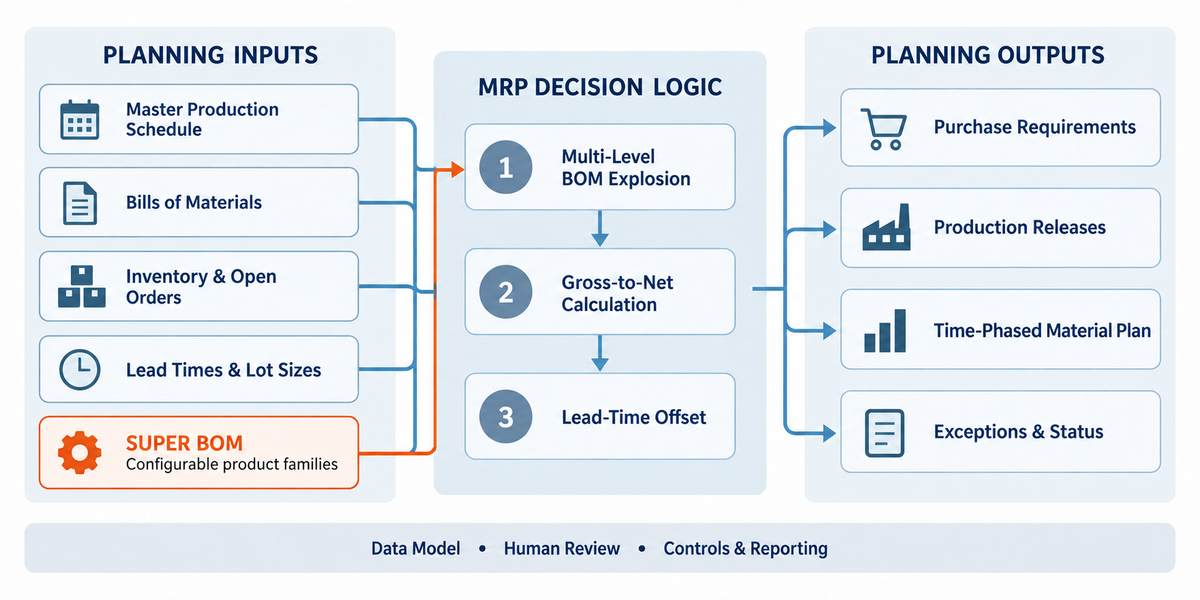 Conceptual reconstruction of the MRP architecture I designed in 2009. The design introduced a Super BOM approach for planning configurable product families alongside multi-level BOM explosion, gross-to-net calculation, and lead-time offset. Original employer materials are not reproduced.