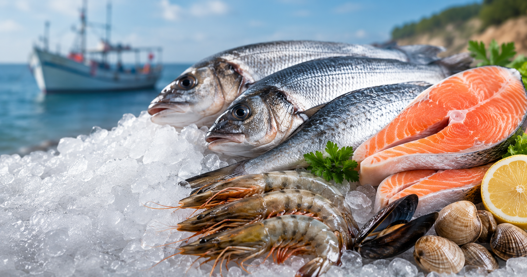 Fresh whole fish and premium seafood displayed on ice with shrimp and shellfish, highlighting freshness, quality, and proper seafood selection for consumers and businesses.