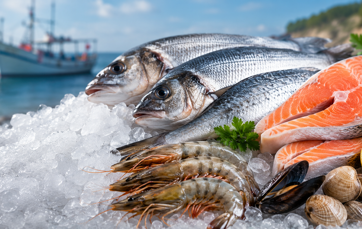 Fresh whole fish and premium seafood displayed on ice with shrimp and shellfish, highlighting freshness, quality, and proper seafood selection for consumers and businesses.