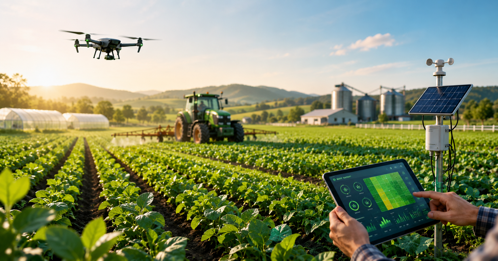 Modern smart agriculture with a farmer using a digital tablet while autonomous tractors and precision farming technology monitor healthy crop fields under a sustainable farming environment.