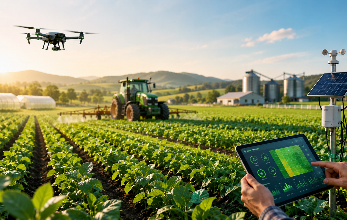 Modern smart agriculture with a farmer using a digital tablet while autonomous tractors and precision farming technology monitor healthy crop fields under a sustainable farming environment.