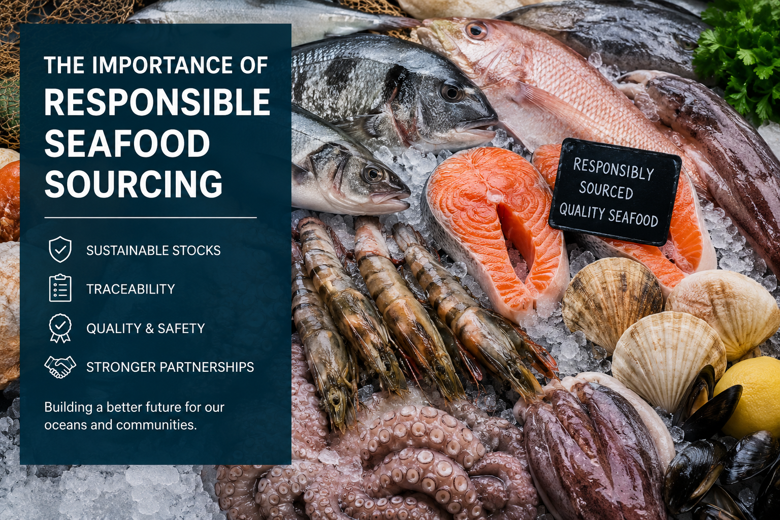 Fresh seafood including salmon, shrimp, squid, octopus, fish, scallops, and mussels displayed on ice, with text highlighting responsible seafood sourcing, traceability, quality, food safety, and stronger supplier partnerships.