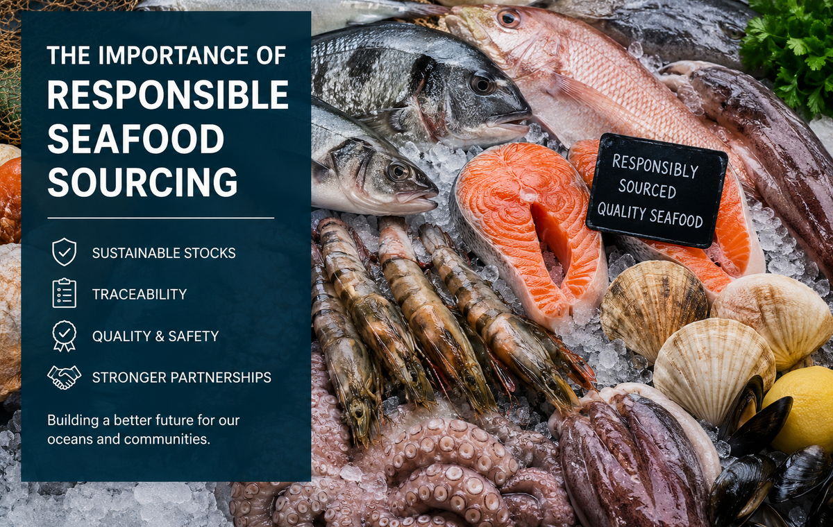 Fresh seafood including salmon, shrimp, squid, octopus, fish, scallops, and mussels displayed on ice, with text highlighting responsible seafood sourcing, traceability, quality, food safety, and stronger supplier partnerships.