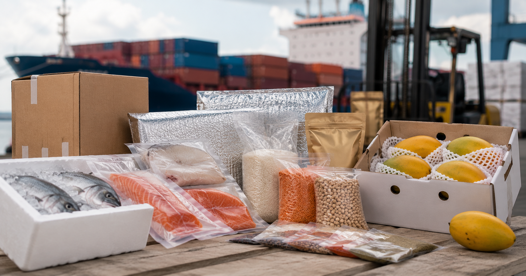 Fresh agricultural produce and seafood packaged in export-ready containers inside a modern warehouse, illustrating safe packaging practices for international food transportation and quality preservation.
