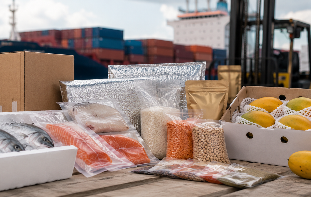 Fresh agricultural produce and seafood packaged in export-ready containers inside a modern warehouse, illustrating safe packaging practices for international food transportation and quality preservation.