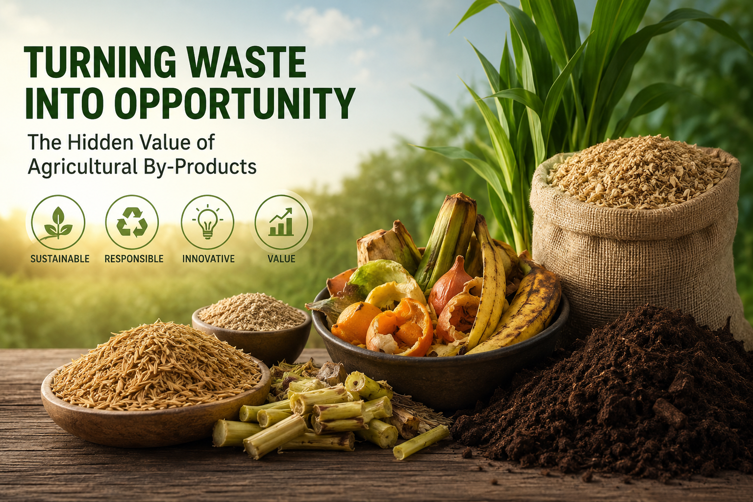 Realistic agricultural scene showing fruit and vegetable scraps, rice husks, crop residues, compost, and grain by-products being reused as valuable resources, with a green farm background and the words “Turning Waste Into Opportunity.”