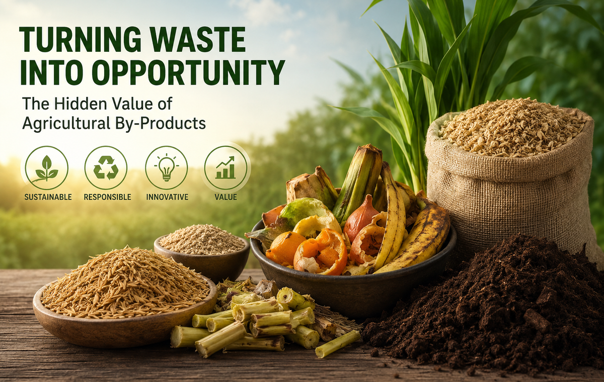 Realistic agricultural scene showing fruit and vegetable scraps, rice husks, crop residues, compost, and grain by-products being reused as valuable resources, with a green farm background and the words “Turning Waste Into Opportunity.”