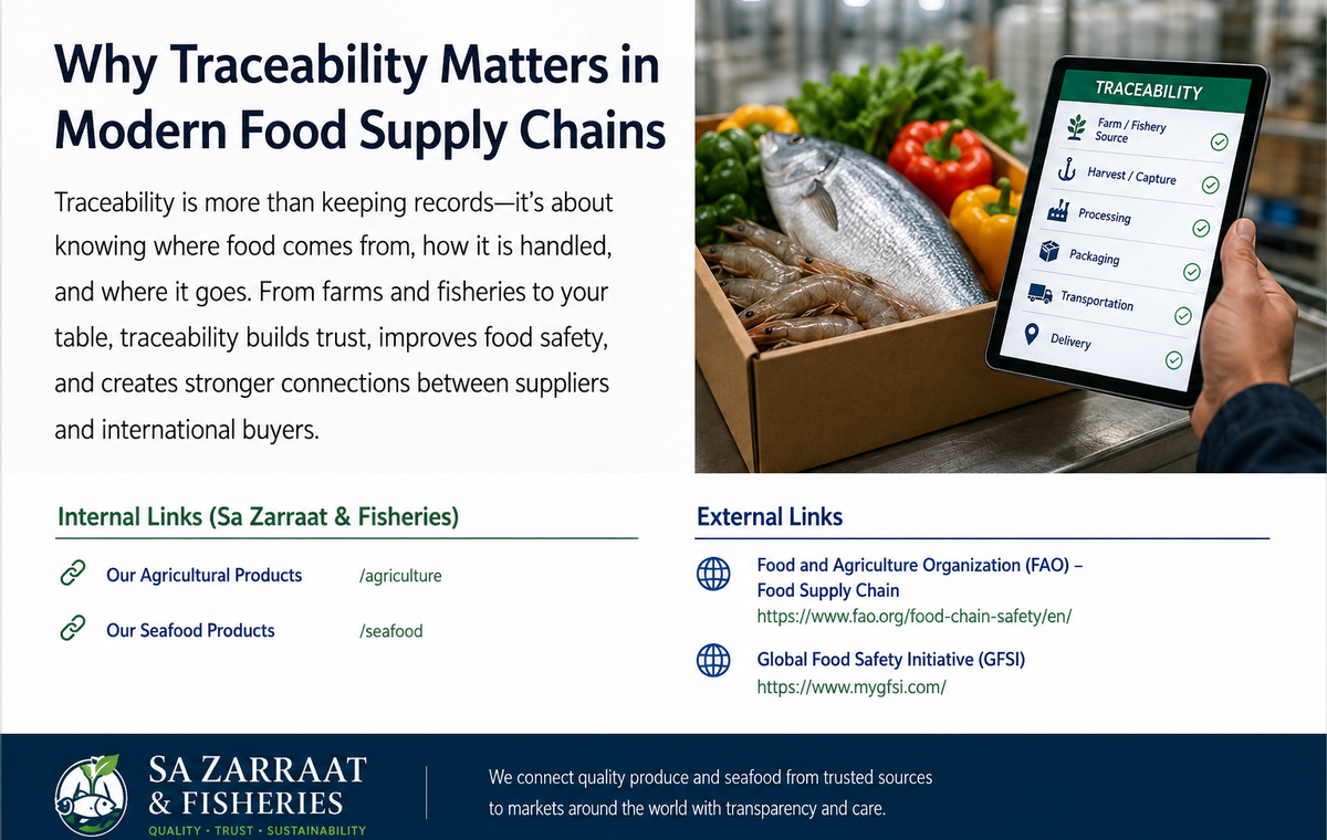 Fresh seafood and agricultural produce being tracked through a digital food supply chain traceability system, showing the journey from farm or fishery source through processing, packaging, transportation, and delivery.