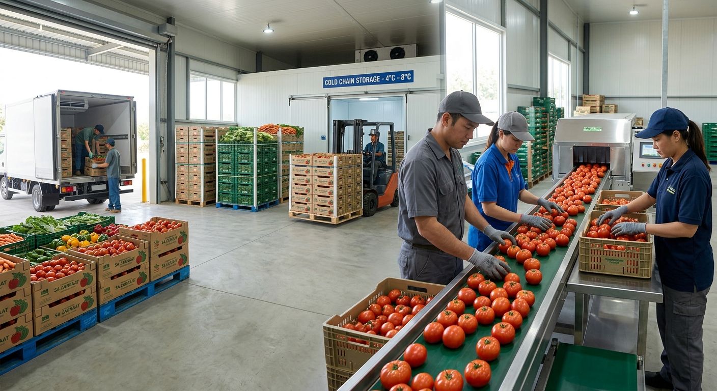 Three workers in uniform sorting fresh red tomatoes on a conveyor belt inside a clean, modern agricultural post-harvest facility with cold storage and a delivery truck in the background.
