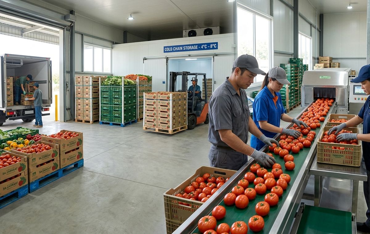 Three workers in uniform sorting fresh red tomatoes on a conveyor belt inside a clean, modern agricultural post-harvest facility with cold storage and a delivery truck in the background.