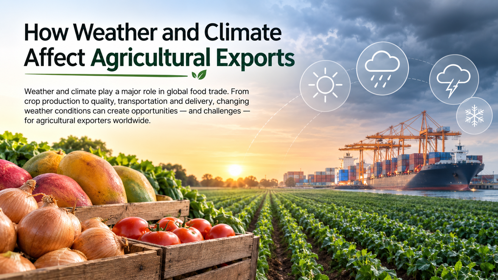 Agricultural fields with fresh produce in the foreground, a cargo ship and shipping containers at a port in the background, and changing weather conditions in the sky, representing the connection between weather, farming, and agricultural exports.