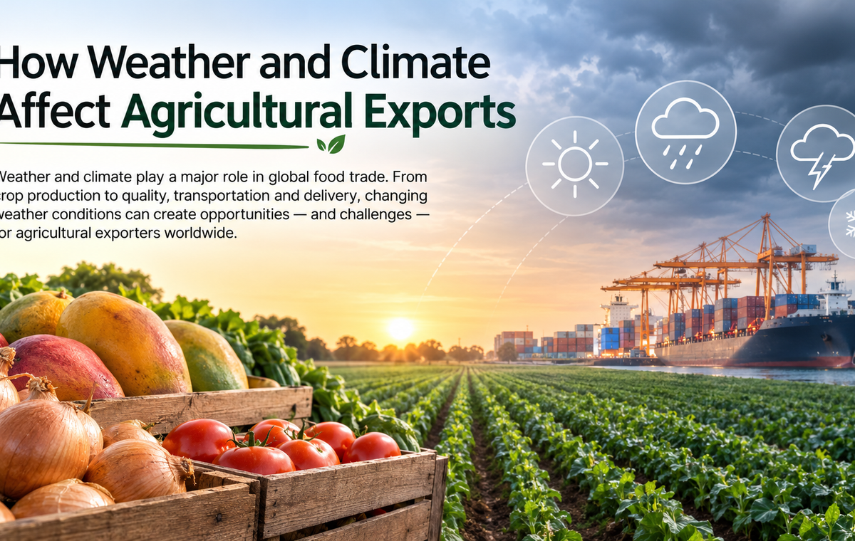 Agricultural fields with fresh produce in the foreground, a cargo ship and shipping containers at a port in the background, and changing weather conditions in the sky, representing the connection between weather, farming, and agricultural exports.