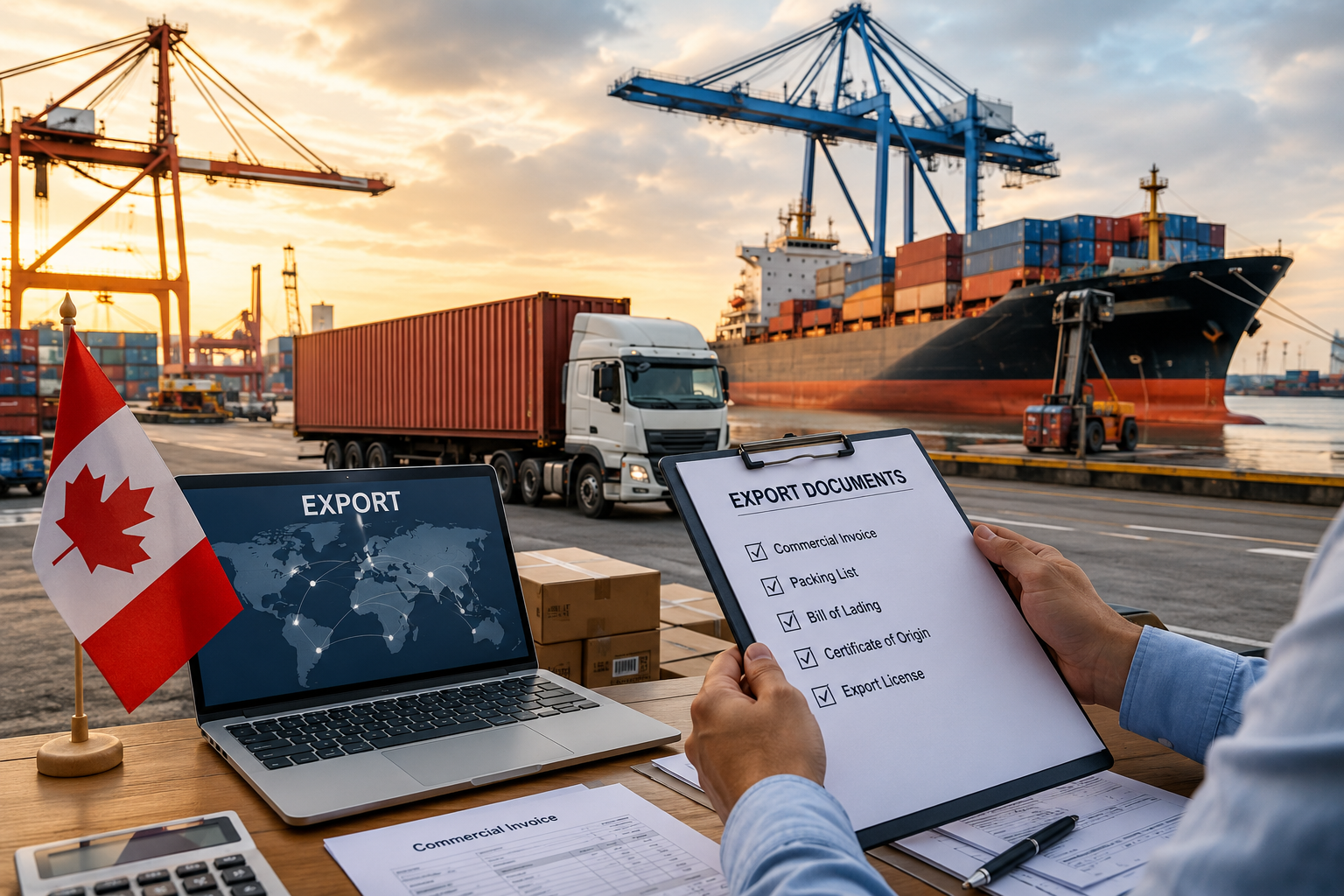 Canadian export business at a shipping port with cargo containers, freight trucks, and a cargo ship. A professional reviews export documentation, including a commercial invoice, packing list, bill of lading, certificate of origin, and export licence, highlighting the requirements for exporting goods from Canada. 