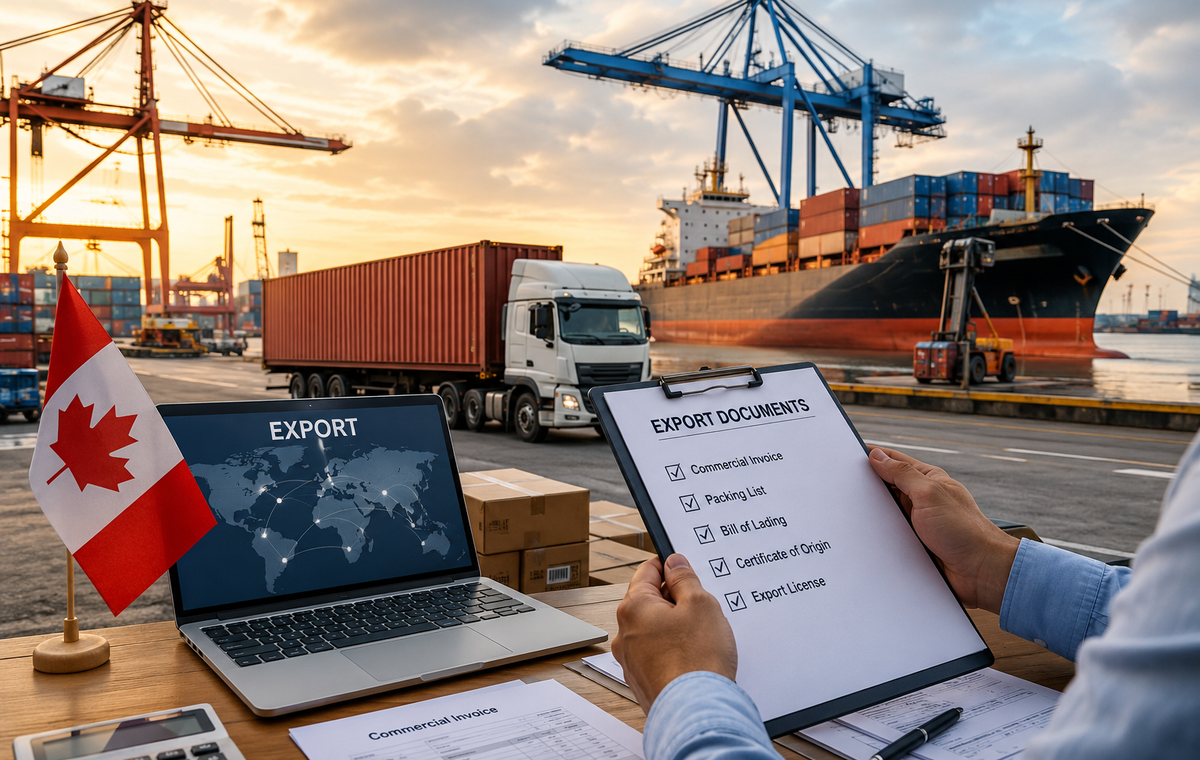 Canadian export business at a shipping port with cargo containers, freight trucks, and a cargo ship. A professional reviews export documentation, including a commercial invoice, packing list, bill of lading, certificate of origin, and export licence, highlighting the requirements for exporting goods from Canada.