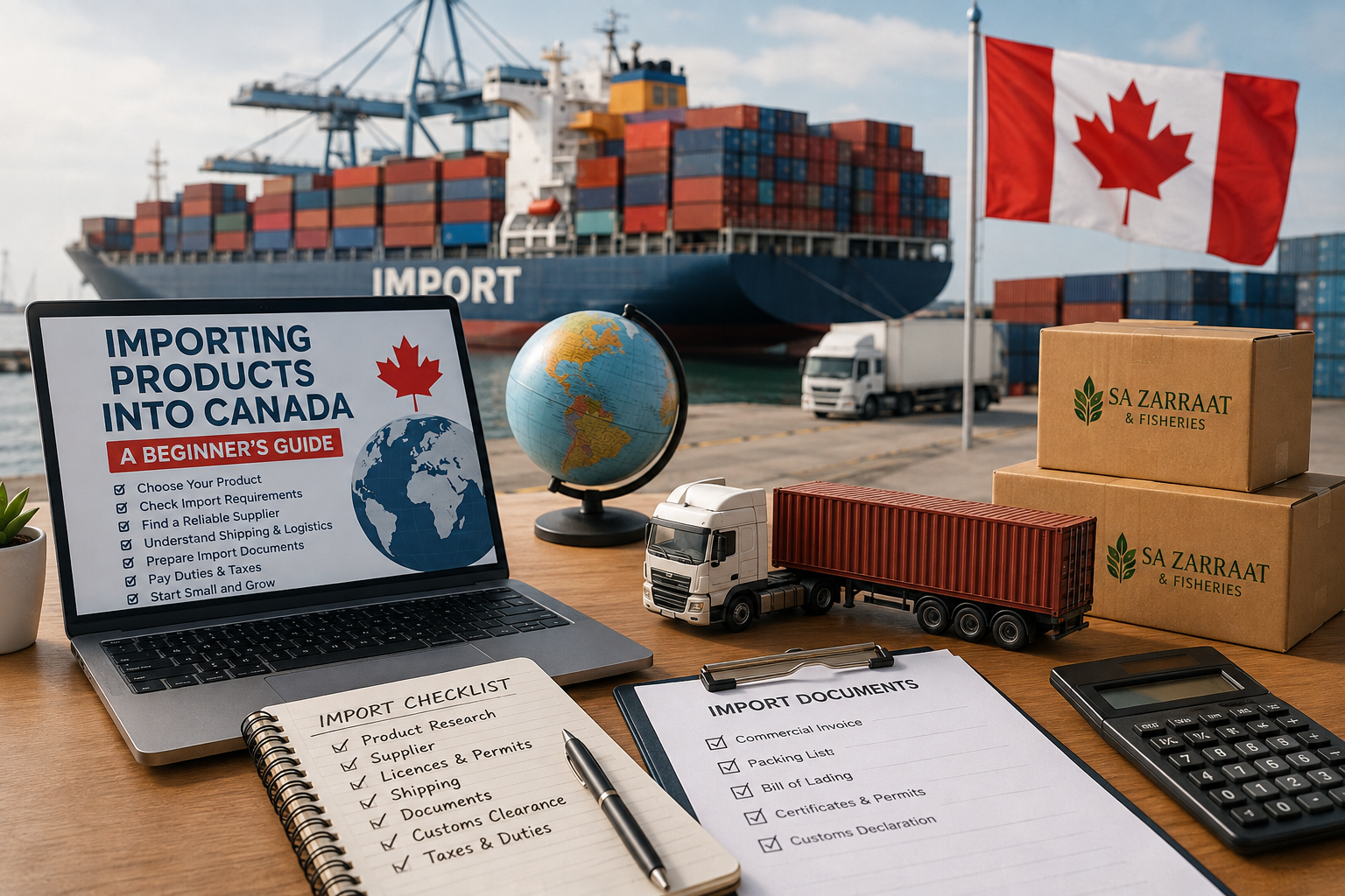 shipping port scene with a container ship, Canadian flag, shipping containers, delivery truck, globe, and SA ZARRAAT & FISHERIES boxes, representing importing products into Canada.