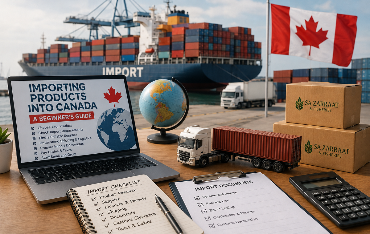 shipping port scene with a container ship, Canadian flag, shipping containers, delivery truck, globe, and SA ZARRAAT & FISHERIES boxes, representing importing products into Canada.