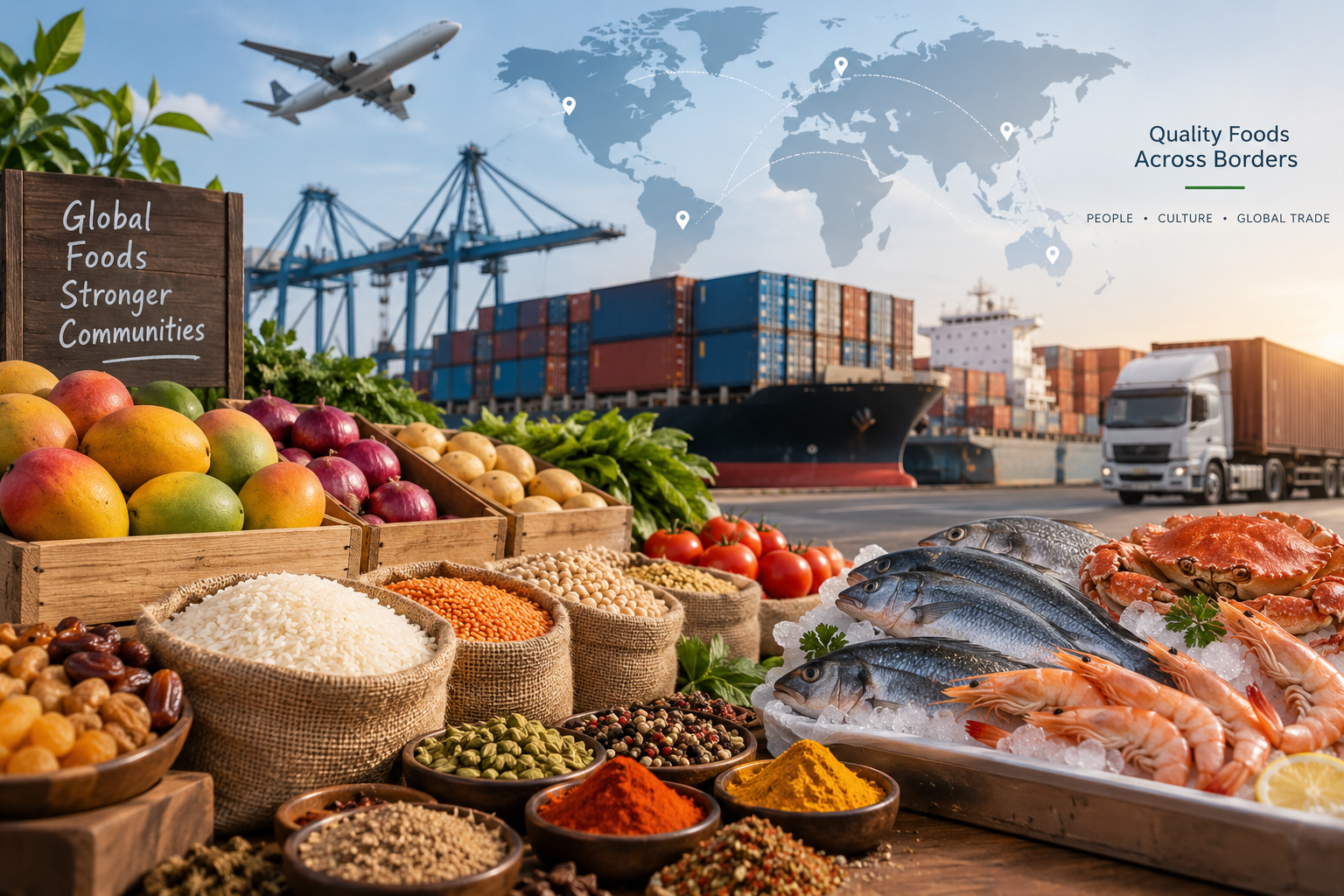 Fresh fruits, vegetables, rice, grains, spices, and seafood displayed with a cargo ship and world map representing global food trade and international food exports.