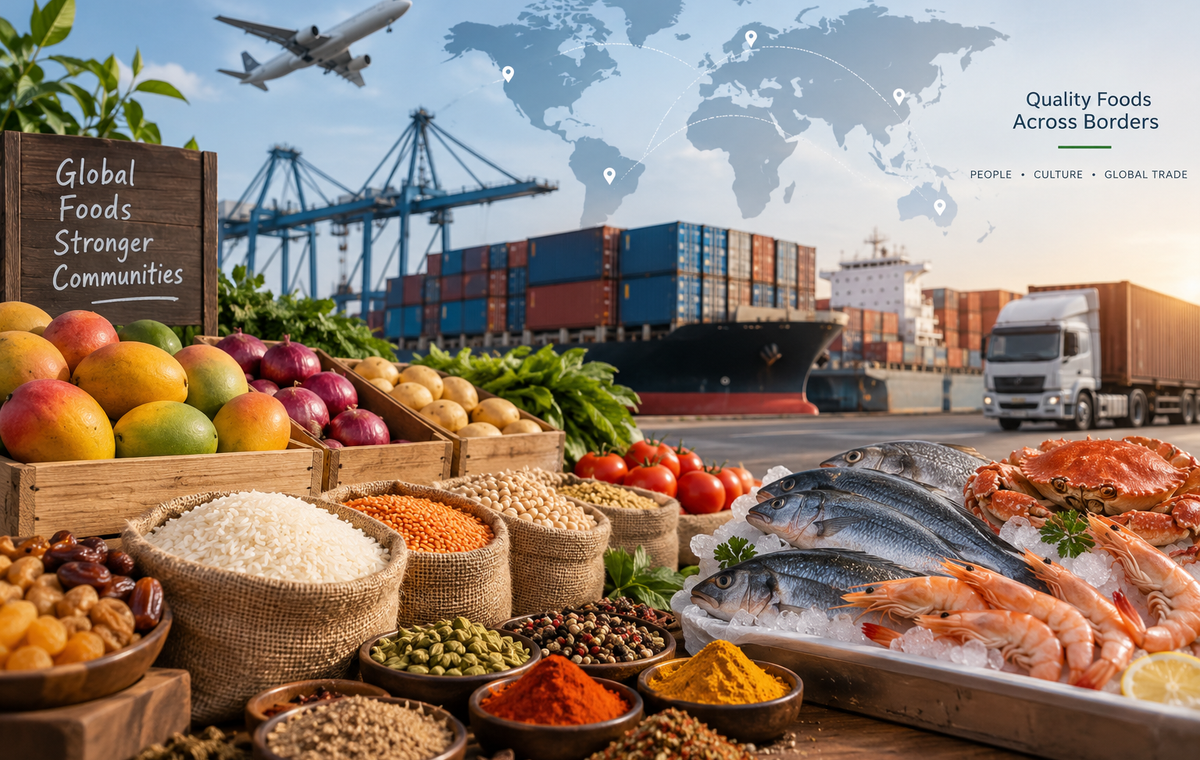 Fresh fruits, vegetables, rice, grains, spices, and seafood displayed with a cargo ship and world map representing global food trade and international food exports.