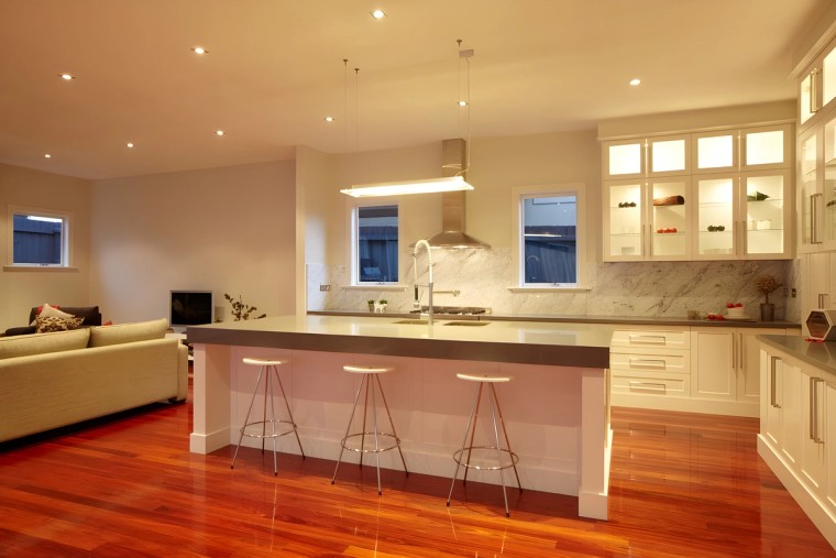 Kitchen and living room in the Carnegie custom home