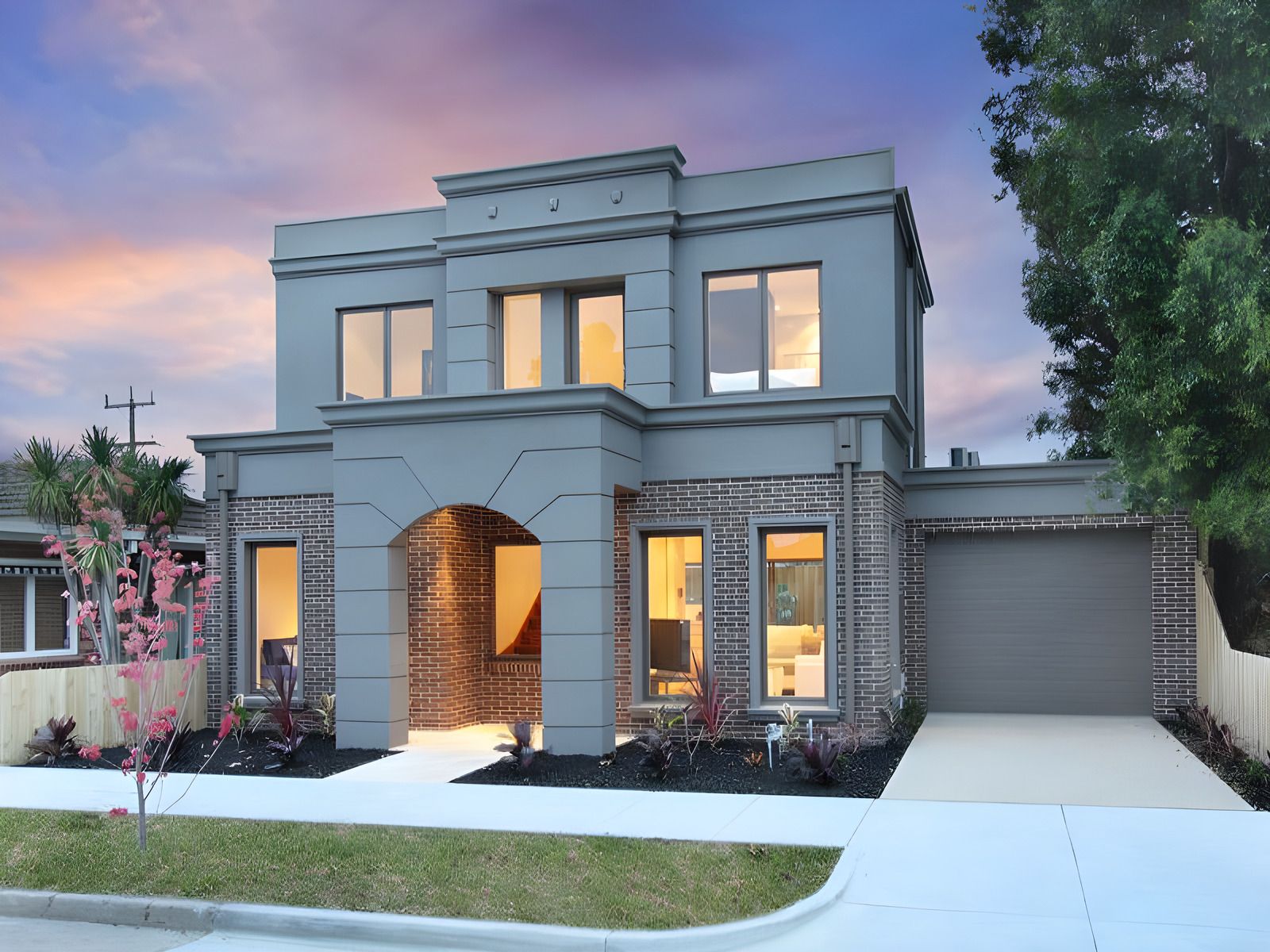 Front of the Hughesdale dual occupancy at dusk