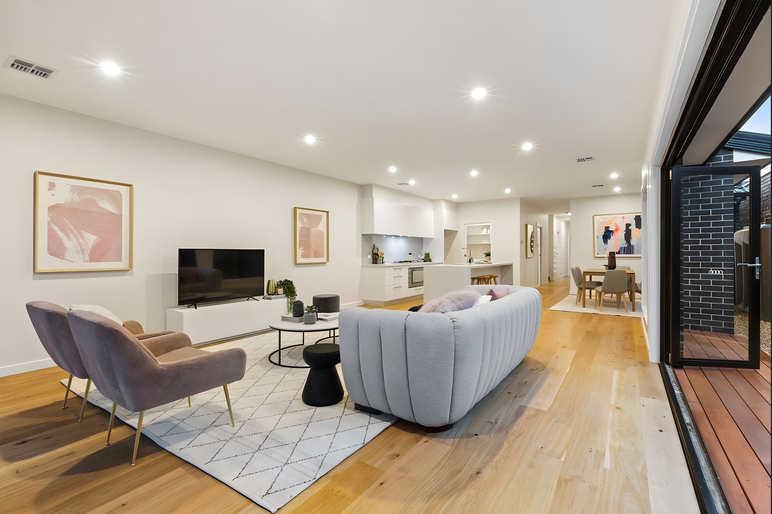 Living area through to the kitchen in the Bentleigh East townhouses