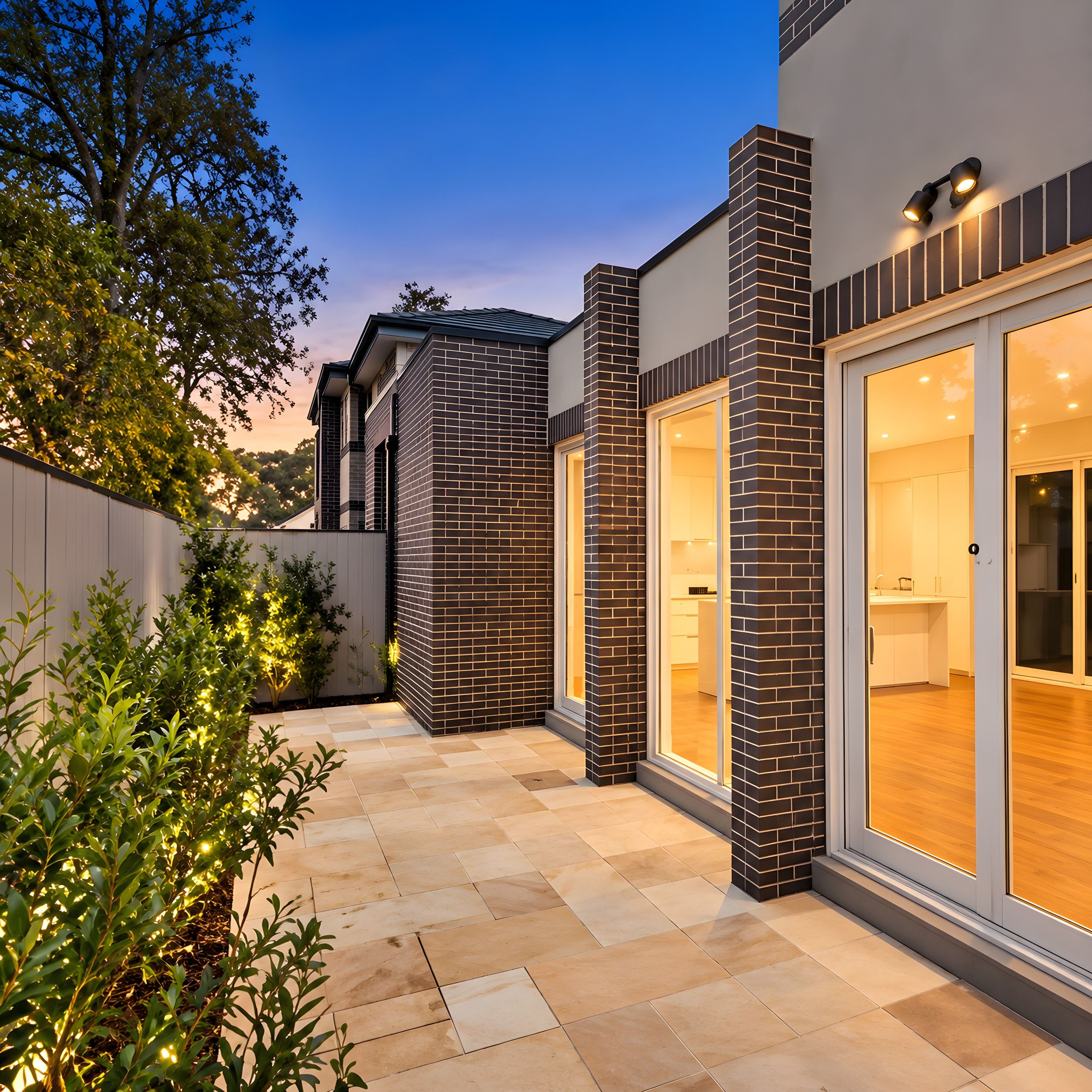 Side courtyard of a Glen Iris townhouse at dusk