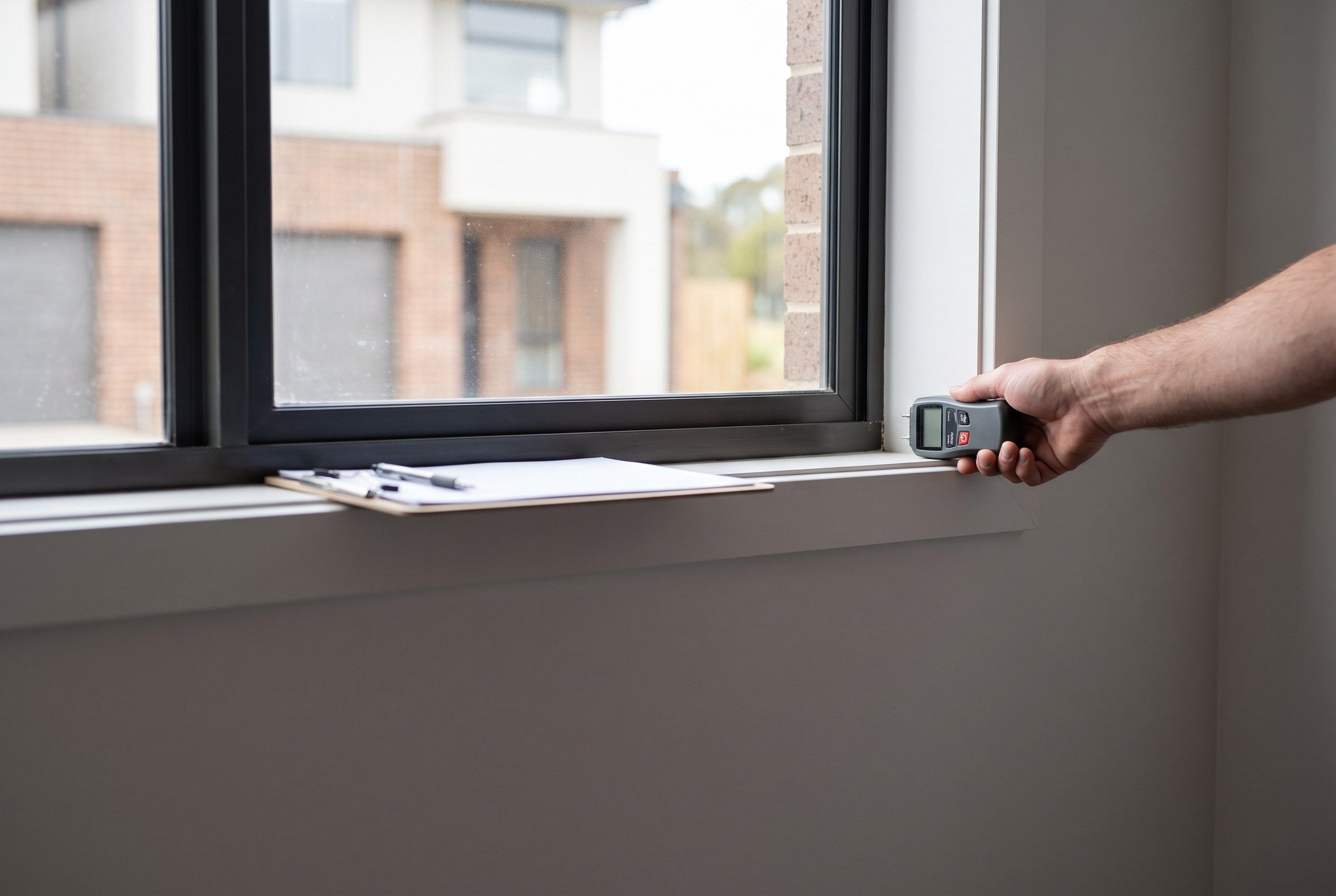 A moisture meter held against a window reveal in a new home, with a clipboard on the sill