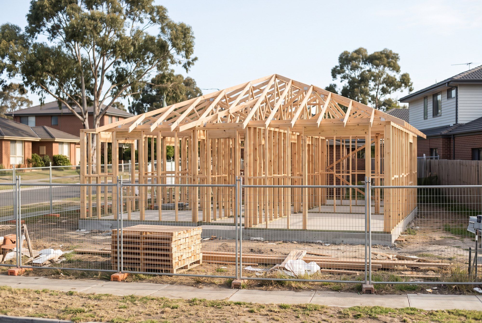 A new house at frame stage behind a temporary fence, between neighbouring homes