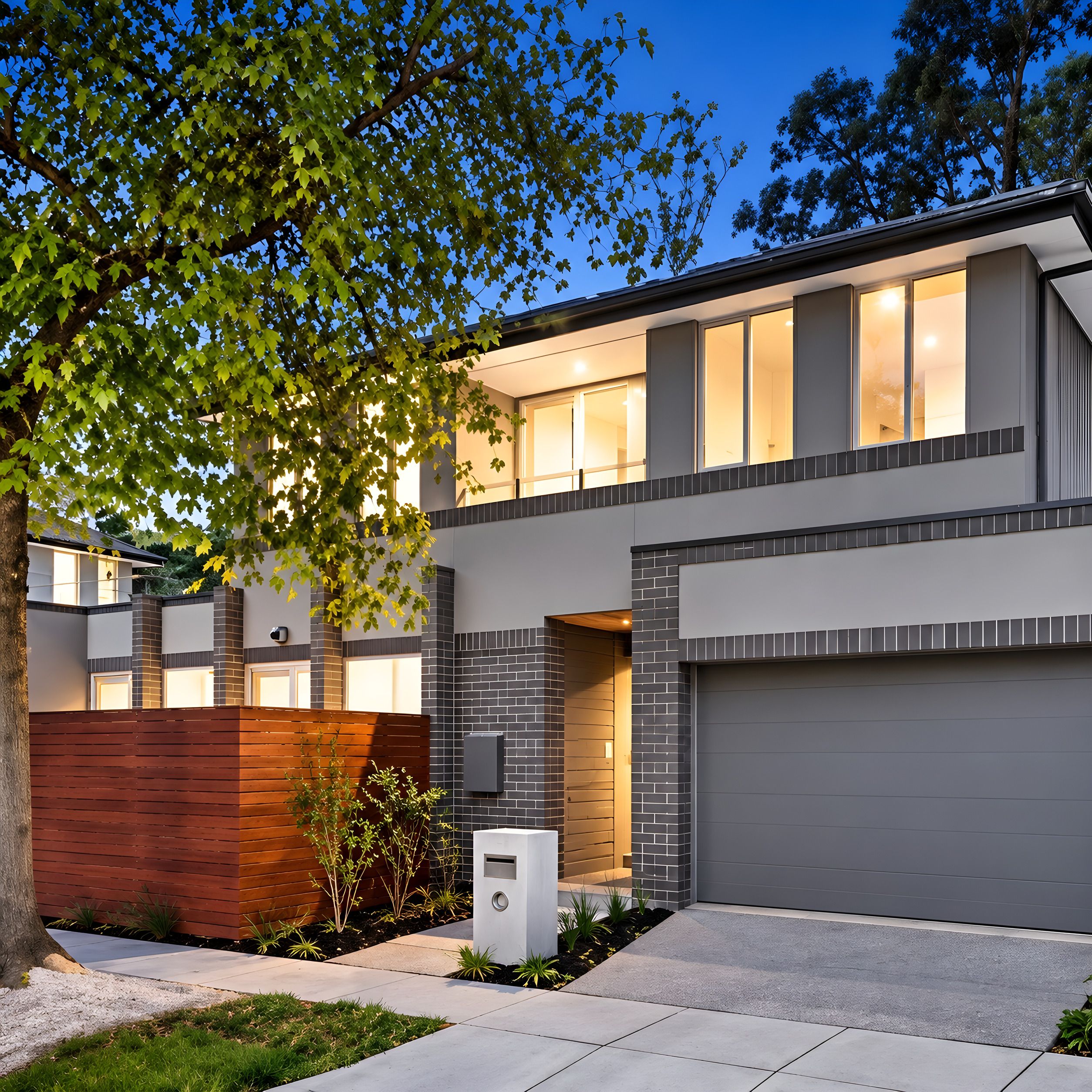 Front of the second Glen Iris townhouse at dusk