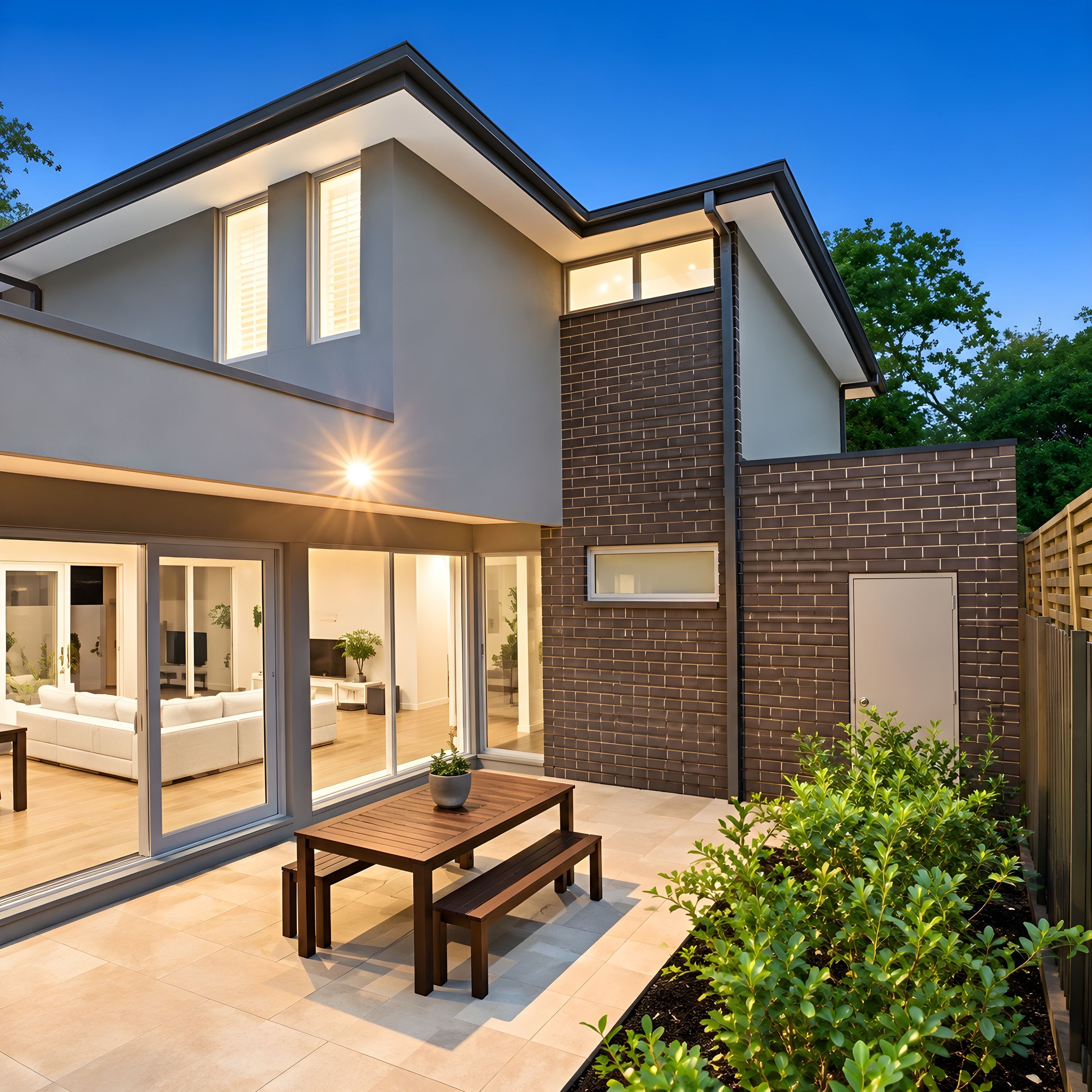 Paved courtyard off the living room of a Glen Iris townhouse at dusk