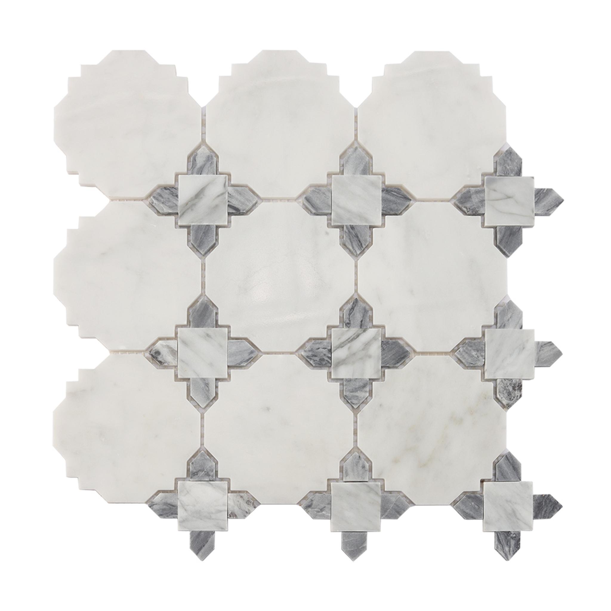 White and Gray Marble Mosaic Tile with Classic Geometric Pattern — mosaic ghép nghệ thuật bằng đá marble trắng & xám