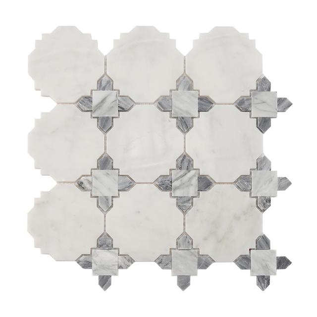 White and Gray Marble Mosaic Tile with Classic Geometric Pattern — mosaic ghép nghệ thuật bằng đá marble trắng & xám