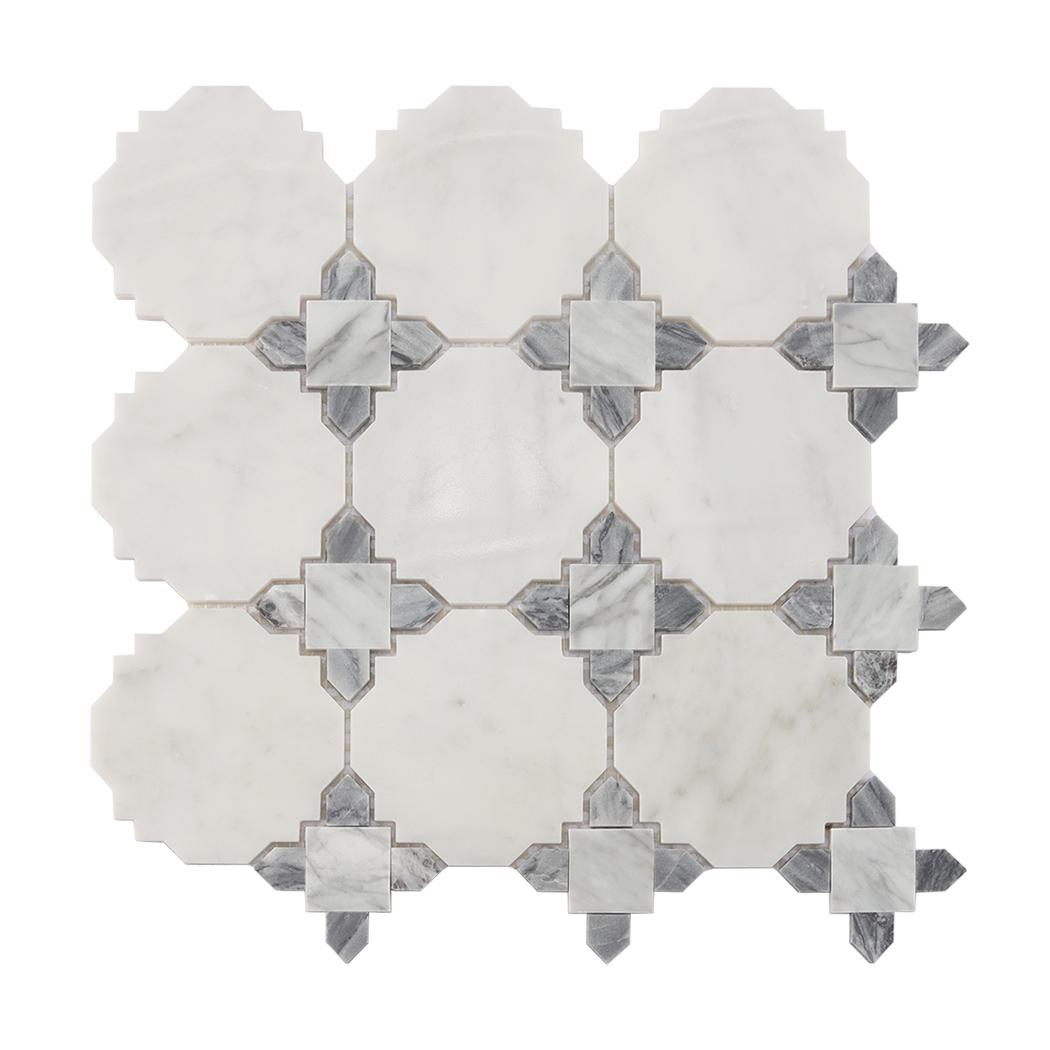 White and Gray Marble Mosaic Tile with Classic Geometric Pattern — mosaic ghép nghệ thuật bằng đá marble trắng & xám