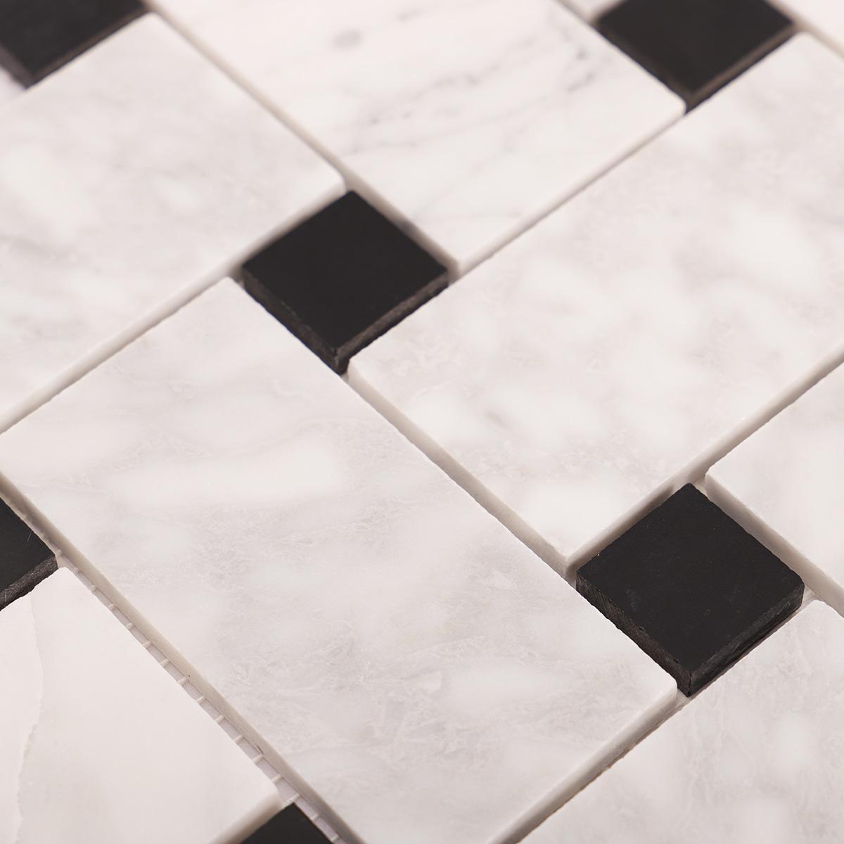 Carrara White Basketweave Marble Mosaic Tiles — mosaic đan rổ (basketweave) bằng đá marble trắng & trắng Carrara